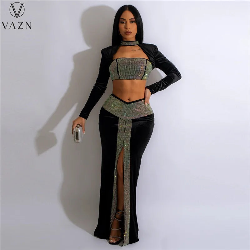 VAZN 2022 Hot Drilling Sexy Club Party Style Women Suit Long Sleeve Dew Waist Top Floor Length Skirt Lady Pure Color 2 Piece Set