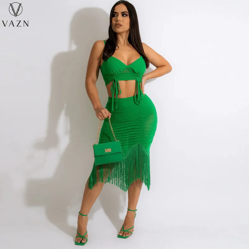 VAZN 2022 Sexy Street Style Women Suit Sleeveless Dew Waist Top Elastic Mid Long Skirt Pure Color Two Piece Set