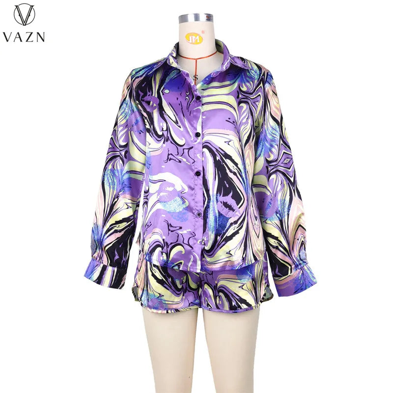 VAZN 2022 Ladies Fashion Street Girl Style Women Suit Long Sleeve Lapel Shirt Elastic Short Pants Printed Two Piece Sets