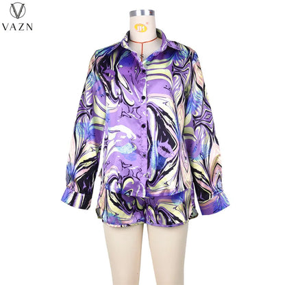 VAZN 2022 Ladies Fashion Street Girl Style Women Suit Long Sleeve Lapel Shirt Elastic Short Pants Printed Two Piece Sets