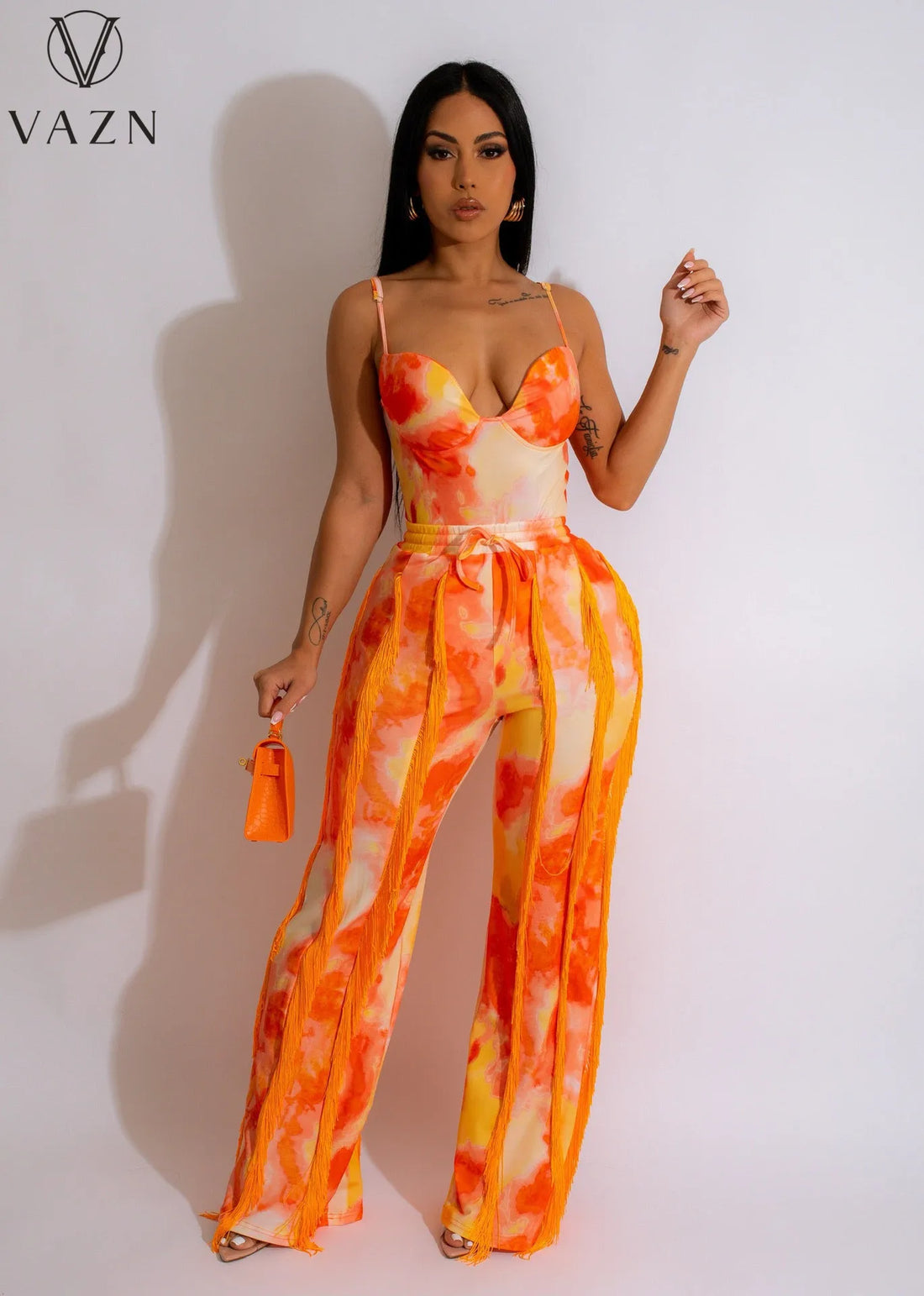 VAZN New 2023 Sleeveless Strapless Jumpsuits Elastic Long Pants Printed Lady Two Piece Set Casual Street Style Women Suit