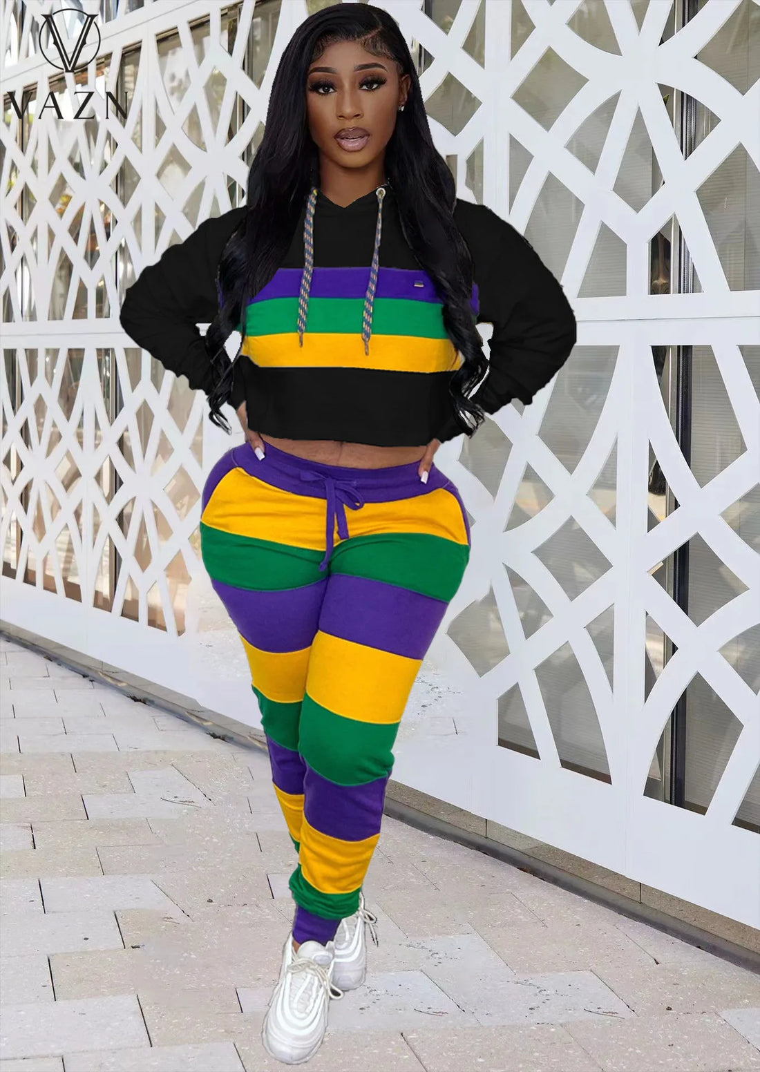 VAZN 2023 Hot Sales Striped Young Casual Suitable Tracksuits Free Hooded Full Sleeve +Long Pencil Pants Women 2 Piece Set