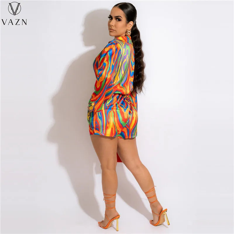 VAZN New 2022 Fashion Street Casual Style Women Suit Long Sleeve Lapel Top Elastic Pockets Short Pants Printed Two Piece Set