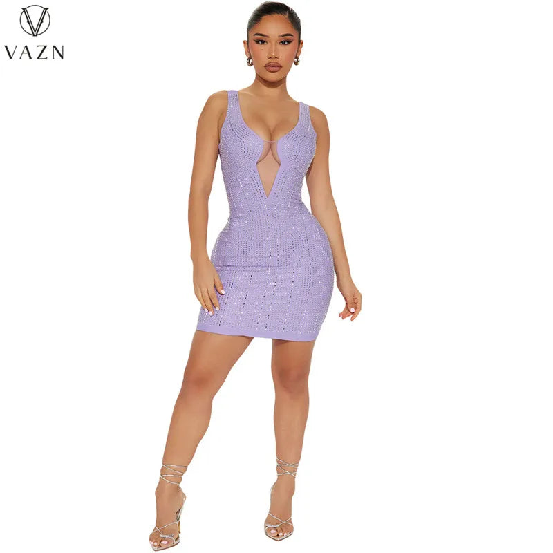 VAZN 2023 Pure Color Lady Short Dresses Hot Sale Sleeveless Deep V Dress High Street Style Women Mini Short Dress