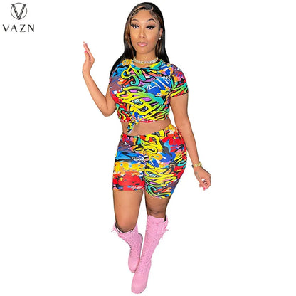 VAZN 2023 Street Casual Style Women Sets Short Sleeve Round Neck Top Elastic Short Pants Lady Printed Lady Two Piece Set