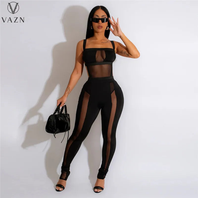 VAZN 2023 New Fashion Sexy Street Style 2 Piece Sets Sleeveless Jumpsuits Elastic Long Pants Pure Color Women Set