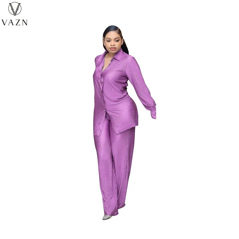 VAZN New 2022 Fashion Casual Street Style Women Suit Long Sleeve Lapel Shirt Elastic Long Pants Pure Color Two Piece Set