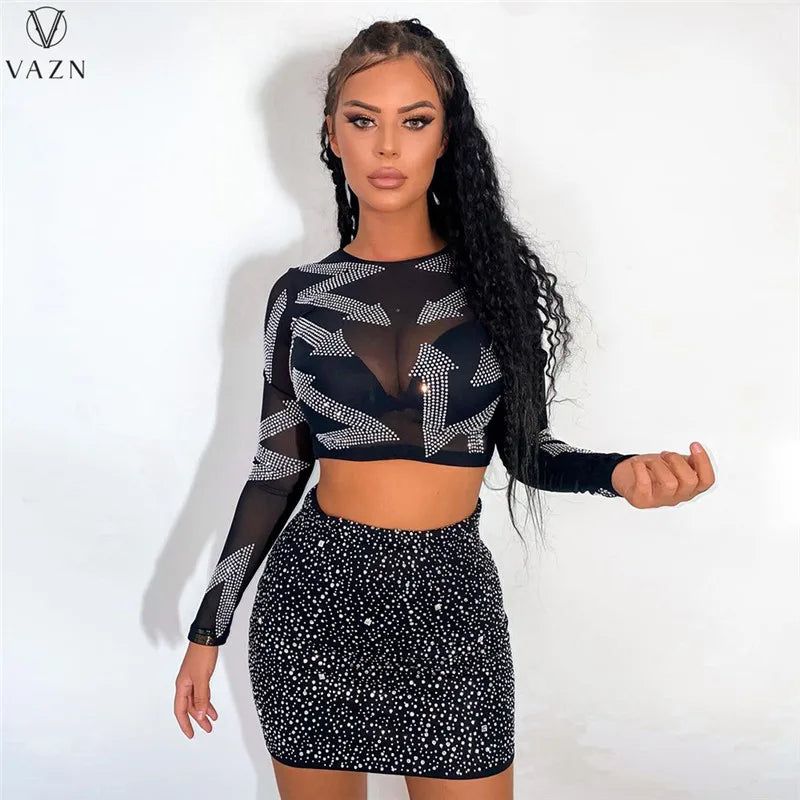 VAZN Hot Drilling 2022 Sexy Club Style Women Suit Long Sleeve Round Neck Short Top Elastic Mini Short Skirt Two Piece Sets