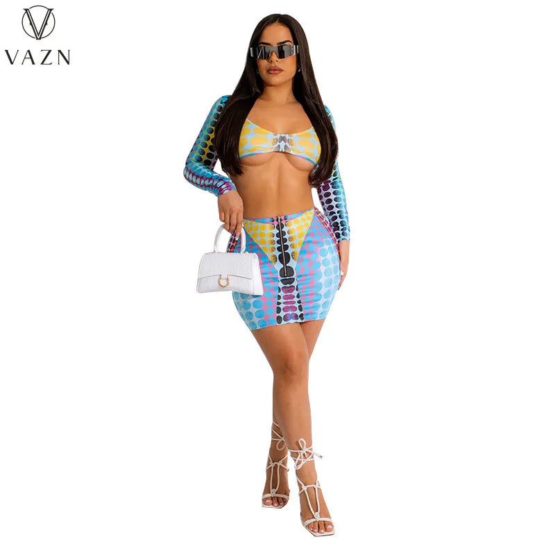 VAZN 2023 Hot Sale Sexy Street Style Women Sets Long Sleeve Deep V Short Top Elastic Mini Short Skirt Printed Lady Sets