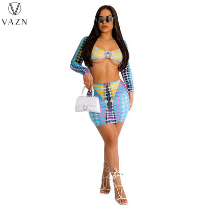 VAZN 2023 Hot Sale Sexy Street Style Women Sets Long Sleeve Deep V Short Top Elastic Mini Short Skirt Printed Lady Sets