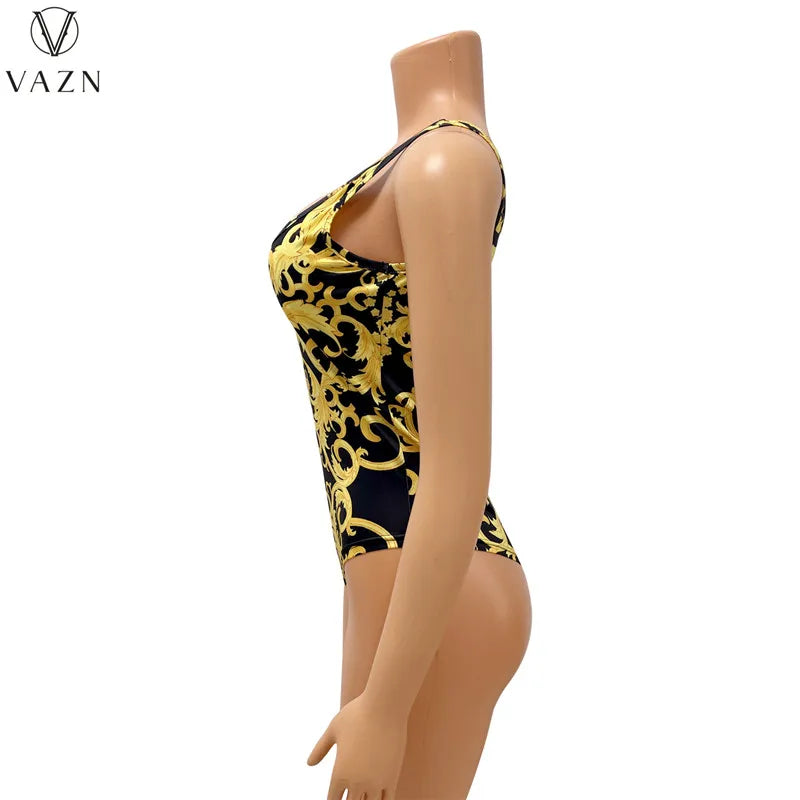 VAZN 2022 Fashion New Women Sexy Beach Style Sets Sleeveless Jumpsuits Short Pants Long Outwear Printed Two Piece Sets