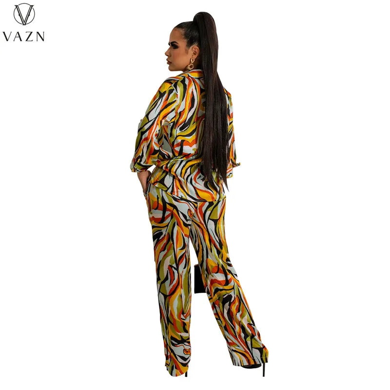 VAZN New 2022 Long Sleeve Lapel Shirt Elastic Long Pants Printed Lady 2 Piece Set Casual Street Style Women Suit