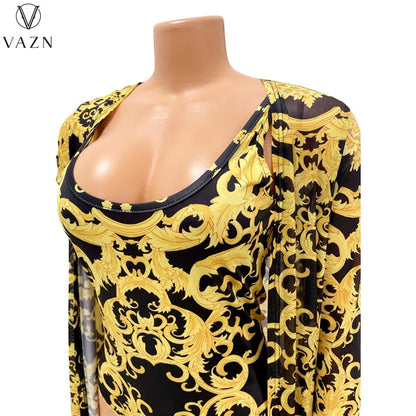 VAZN 2022 Fashion New Women Sexy Beach Style Sets Sleeveless Jumpsuits Short Pants Long Outwear Printed Two Piece Sets