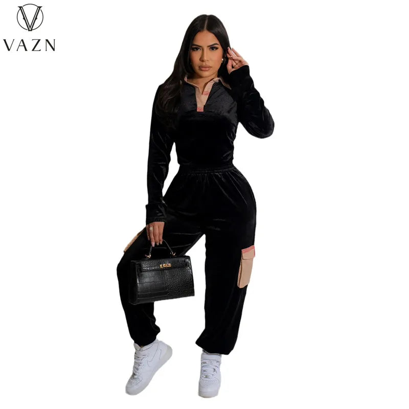 VAZN 2023 Autumn Winter Black Suede Set Causal Young Overalls Tracksuits Full Sleeve + Long Cross Pants Slim Women 2 Piece Set