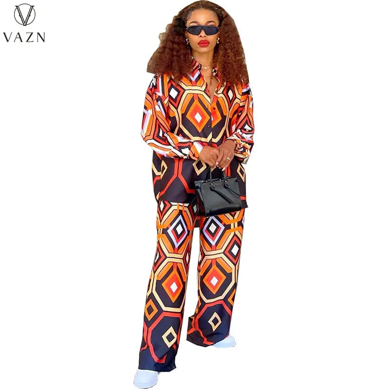 VAZN 2023 New Fashion Lady Casual Street Style 2 Piece Sets Long Sleeve Lapel Shirt Elastic Long Pants Printed Women Sets