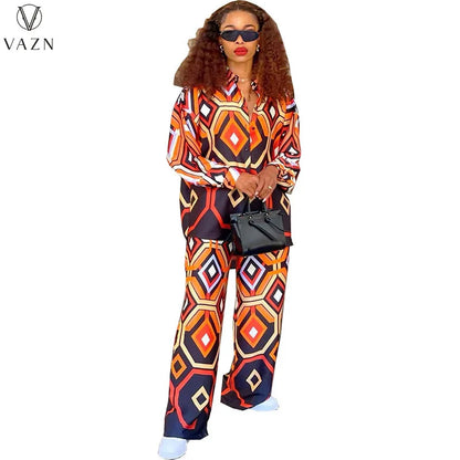 VAZN 2023 New Fashion Lady Casual Street Style 2 Piece Sets Long Sleeve Lapel Shirt Elastic Long Pants Printed Women Sets