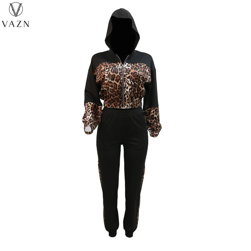 VAZN 2023 New Fashion Lady Casual Street Style 2 Piece Sets Long Sleeve Zipper Top Elastic Long Pants Leopard Grain Women Sets