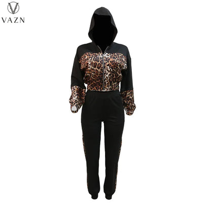 VAZN 2023 New Fashion Lady Casual Street Style 2 Piece Sets Long Sleeve Zipper Top Elastic Long Pants Leopard Grain Women Sets