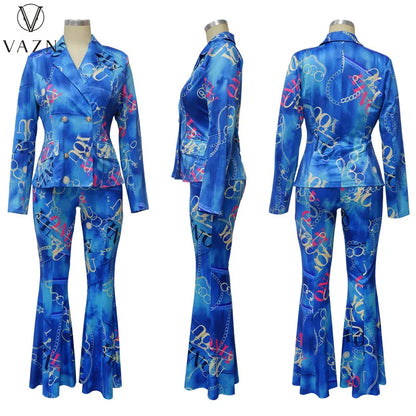 VAZN 2023 Autumn Latest Style Retro Print Office Lady Full Sleeve Suits Open Stitch +Long Boot Cut Pants Women 2 Piece Set