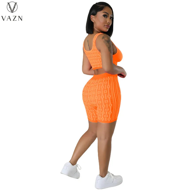 VAZN 2023 Street Girl Style Women Sets Sleeveless Round Neck Short Top Elastic Short Pants Lady Printed Lady 2 Piece Set