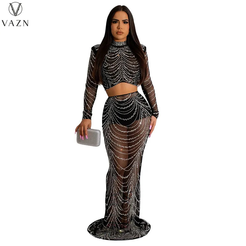 VAZN 2023 Hot Sale High Street Style Women Sets Long Sleeve Round Neck Short Top Elastic Floor Length Skirt Lady 2 Piece Sets