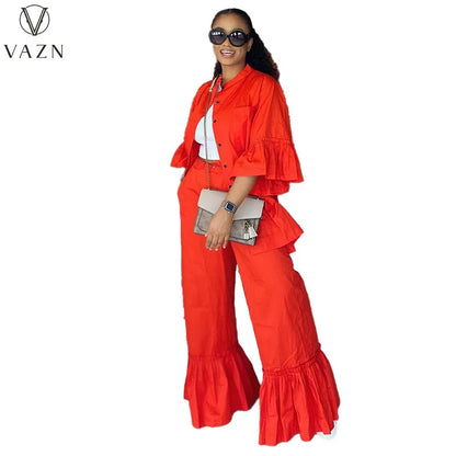 VAZN New 2023 Half Sleeve Single Breasted Top Elastic Long Pants Pure Color Lady 2 Piece Set Casual Street Style Women Suit