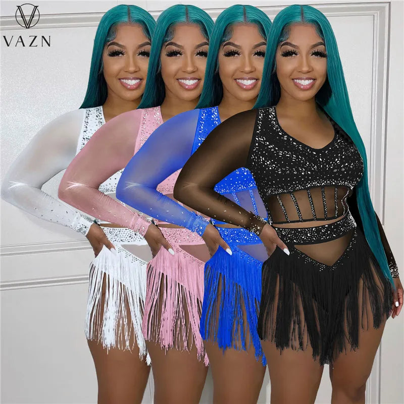 VAZN 2023 Sexy Girl Style Women Sets Long Sleeve Deep V Top Elastic Tassel Short Pants Lady Pure Color Lady Two Piece Set