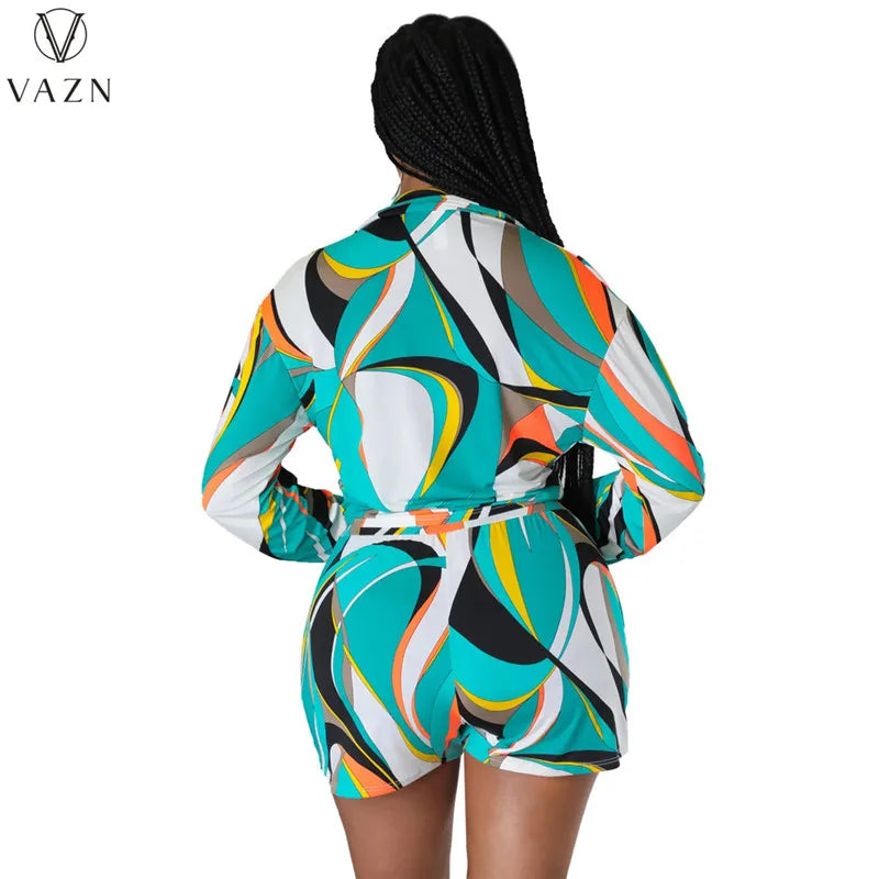 VAZN 2023 New Street Casual Style Women Sets Long Sleeve Lapel Top Elastic Short Pants Lady Printed Lady Two Piece Set