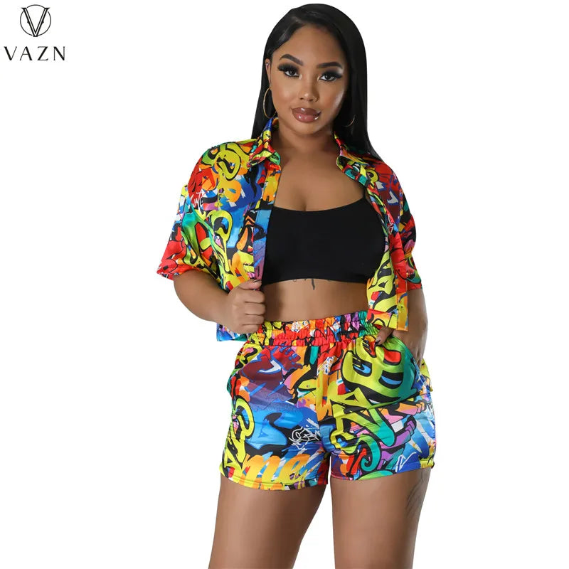 VAZN 2023 Sexy Girl Style Women Sets Short Sleeve Lapel Short Elastic Pockets Short Pants Lady Printed Lady 2 Piece Set