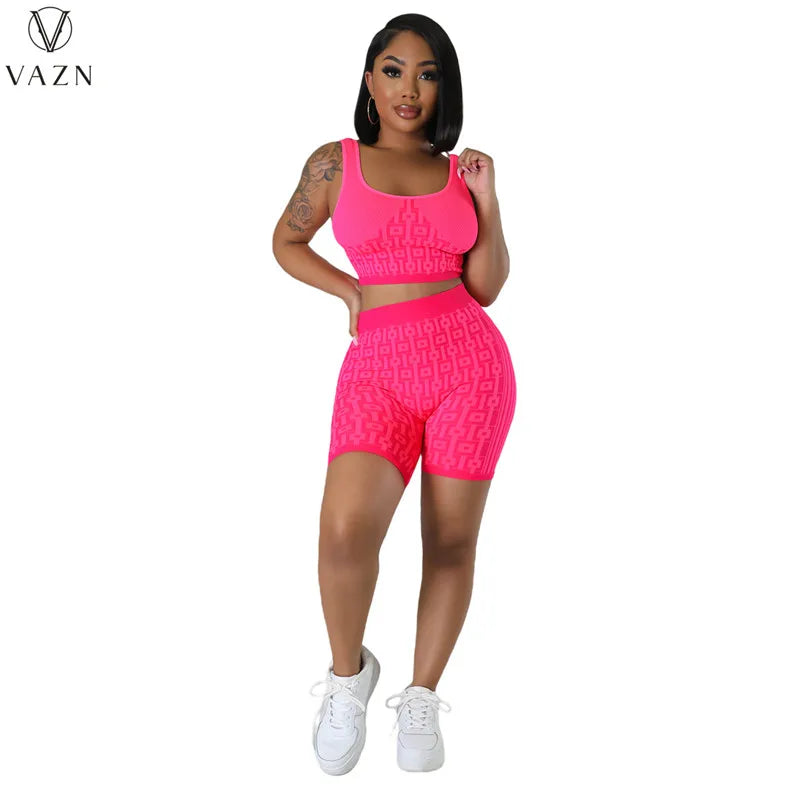 VAZN 2023 Street Girl Style Women Sets Sleeveless Round Neck Short Top Elastic Short Pants Lady Printed Lady 2 Piece Set