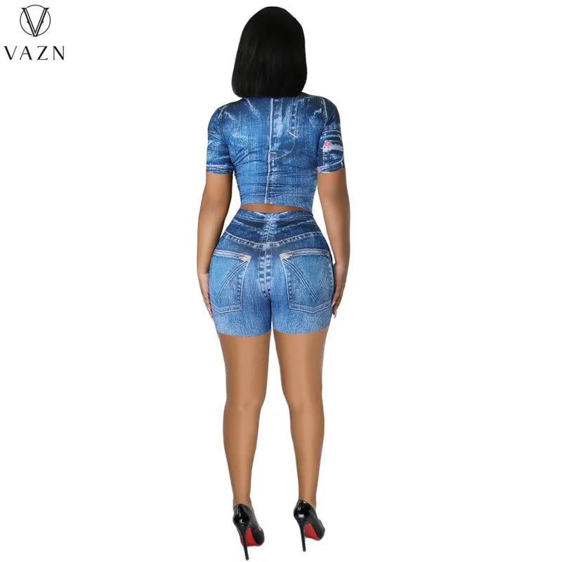 VAZN 2023 Street Casual Style Women Sets Short Sleeve Round Neck Short Top Elastic Short Pants Lady Printed Lady 2 Piece Set