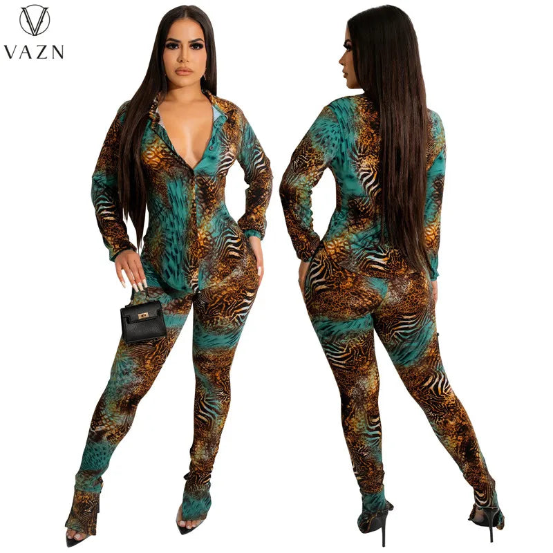 VAZN New 2022 Fashion Casual Street Style Women Suit Long Sleeve Lapel Shirt Elastic Long Pants Printed Two Piece Set