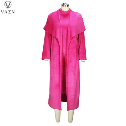 VAZN 2022 Fashion New High Street Style Women Suit Sleeveless Mid Long Dress Long Sleeve Long OutwearPure Color Two Piece Set