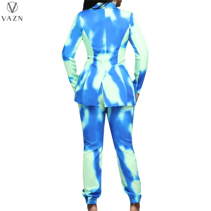 VAZN New 2022 Fashion Street Casual Style Women Suit Long Sleeve Lapel One Buttons Coat Elastic Long Pants Printed Two Piece Set