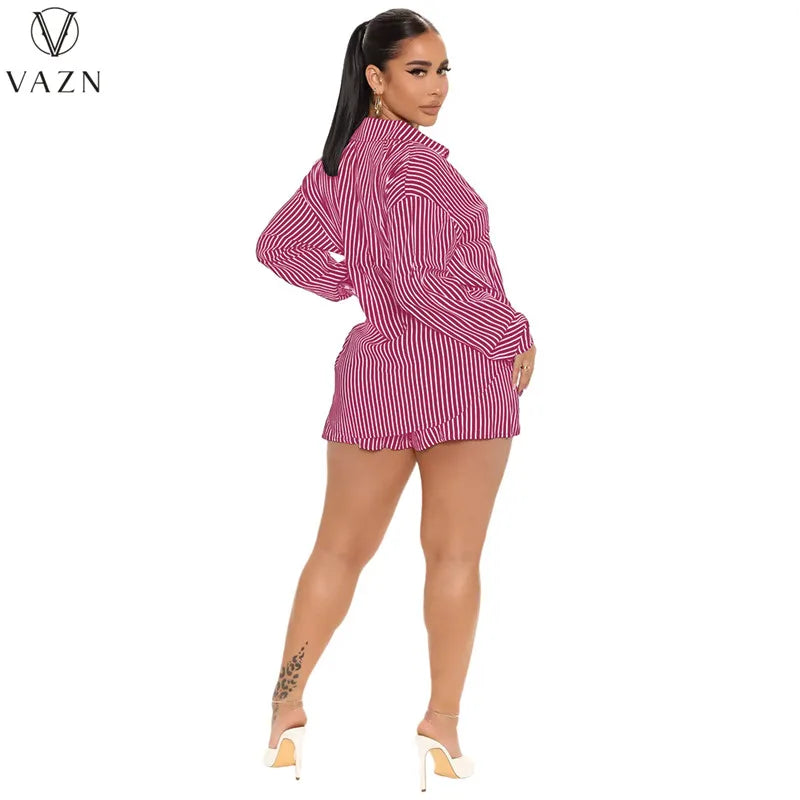 VAZN 2022 New Women Casual Street Style Sets Long Sleeve Lapel Single Breasted Shirt Elastic Short Pants Striped 2 Piece Set