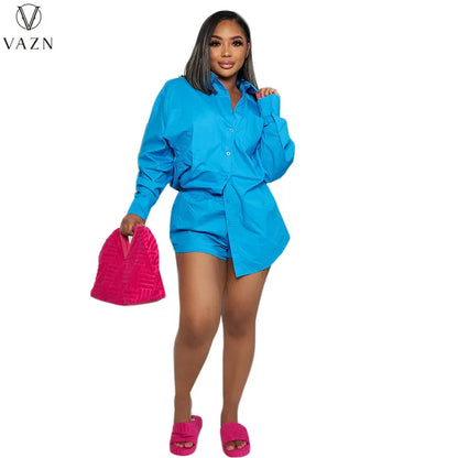 VAZN 2022 New Women Street Casual Style Sets Long Sleeve Lapel Single Breasted Shirt Elastic Short Pants Pure Color 2 Piece Set