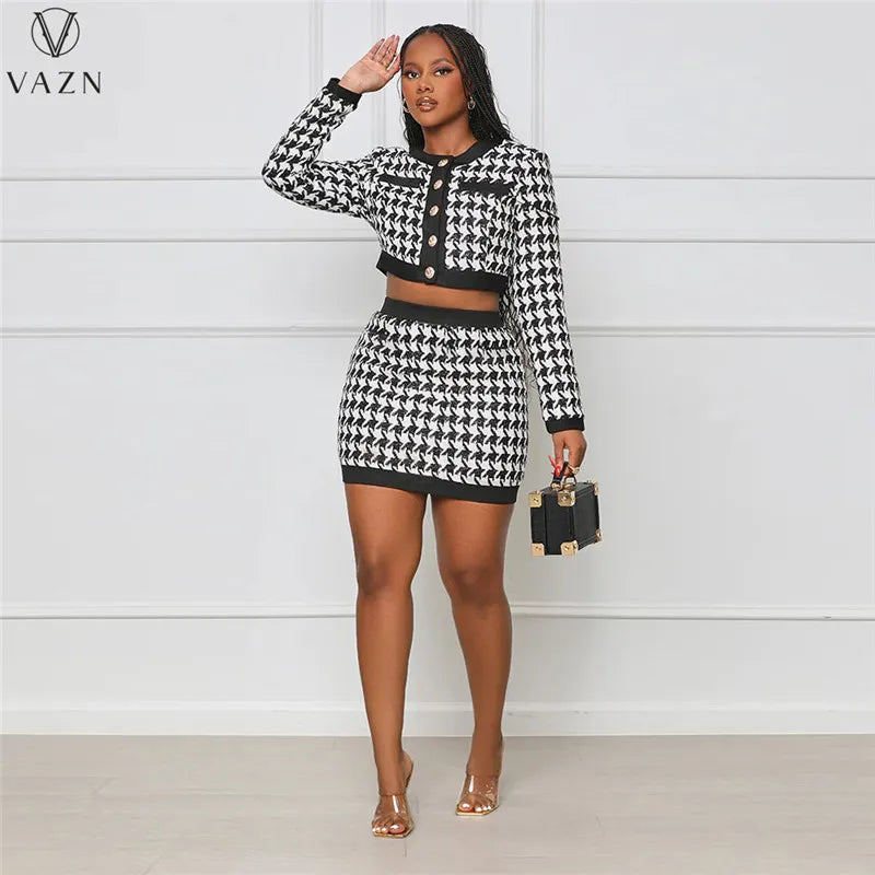 VAZN 2022 Street Girl Style Women Sets Long Sleeve Round Neck Short Top Elastic Mini Short Skirt Plaid Lady Two Piece Set