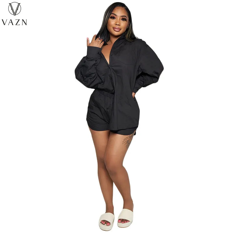 VAZN 2022 New Women Street Casual Style Sets Long Sleeve Lapel Single Breasted Shirt Elastic Short Pants Pure Color 2 Piece Set