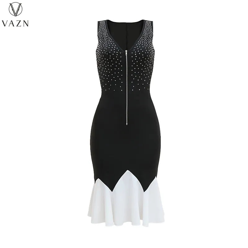 VAZN 2023 High Street Style Women Mid Long Dress Printed Lady  Long Dresses Hot Sale Sleeveless Zipper V Neck Dress