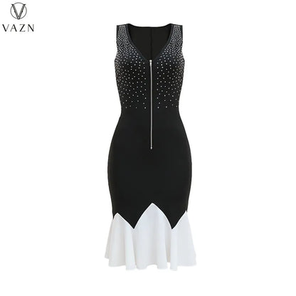 VAZN 2023 High Street Style Women Mid Long Dress Printed Lady  Long Dresses Hot Sale Sleeveless Zipper V Neck Dress