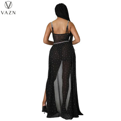 VAZN 2022 Sexy Club Party Style Women Suit Sleeveless Jumpsuits Elastic Floor Length Skirt Pure Color Two Piece Set