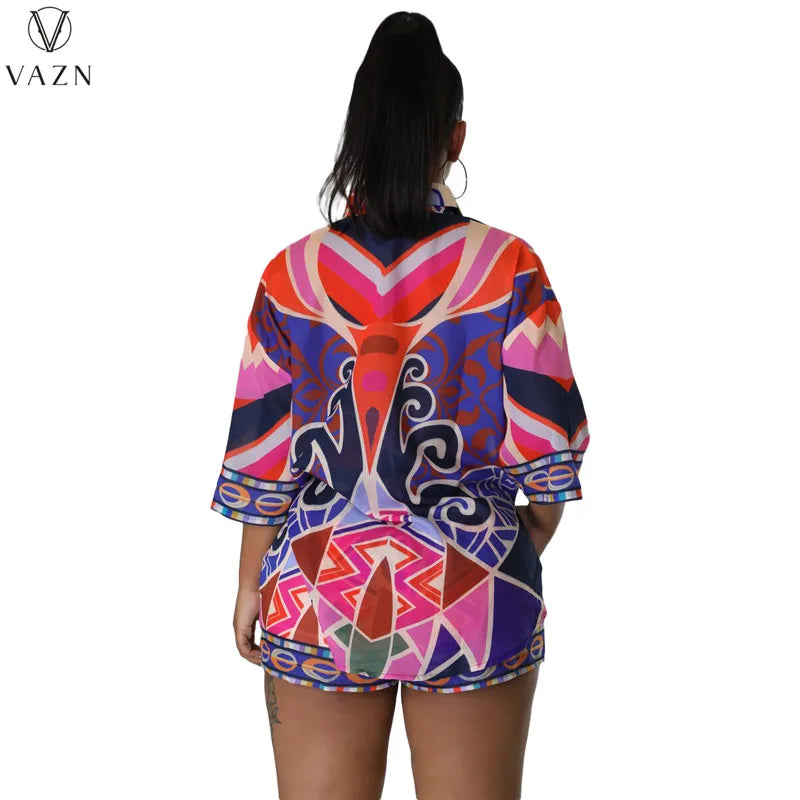 VAZN New 2022 Street Casual Style Women Suit Half Sleeve Lapel Shirt Elastic Short Pants Printed Two Piece Set