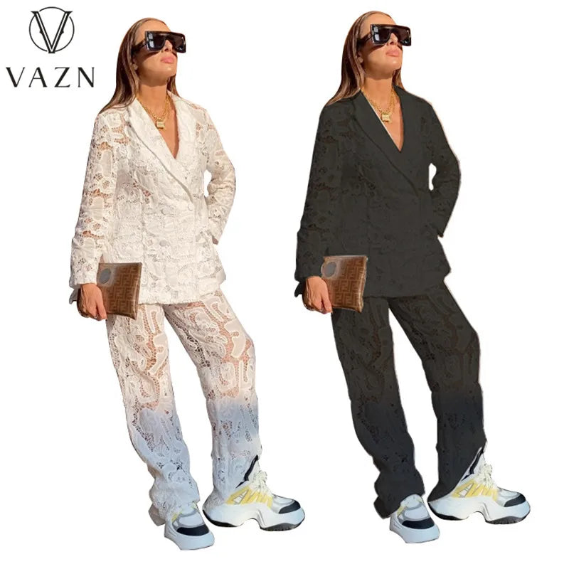 VAZN 2023 New Fashion Casual Street Style 2 Piece Sets Long Sleeve Lapel Top Elastic Long Pants Pure Color Lace Women Set