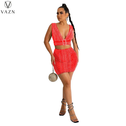 VAZN 2022 Sexy Club Party Style Women Suit Sleeveless Dew Waist Top Elastic Mini Short Skirt Hot Drilling Pure Color 2 Piece Set