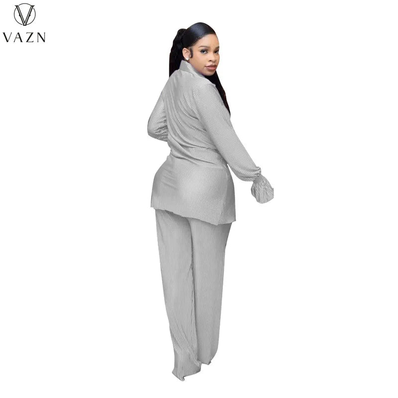 VAZN New 2022 Fashion Casual Street Style Women Suit Long Sleeve Lapel Shirt Elastic Long Pants Pure Color Two Piece Set