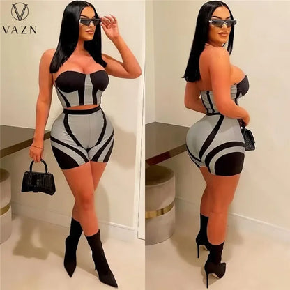 VAZN 2023 Street Girl Style Women Sets Sleeveless Strapless Short Top Elastic Short Pants Lady Printed Lady Two Piece Set