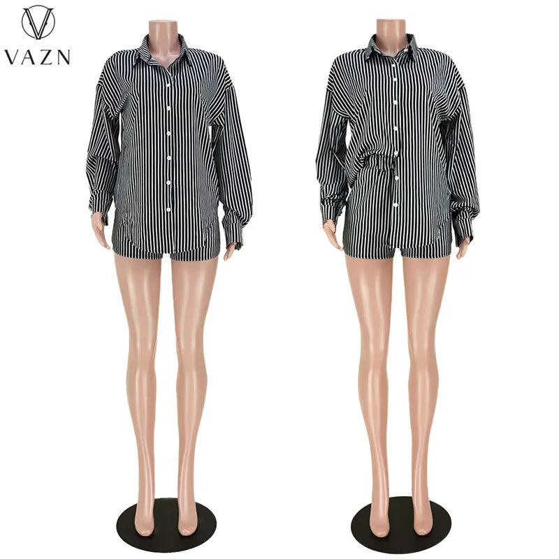 VAZN 2022 New Women Casual Street Style Sets Long Sleeve Lapel Single Breasted Shirt Elastic Short Pants Striped 2 Piece Set