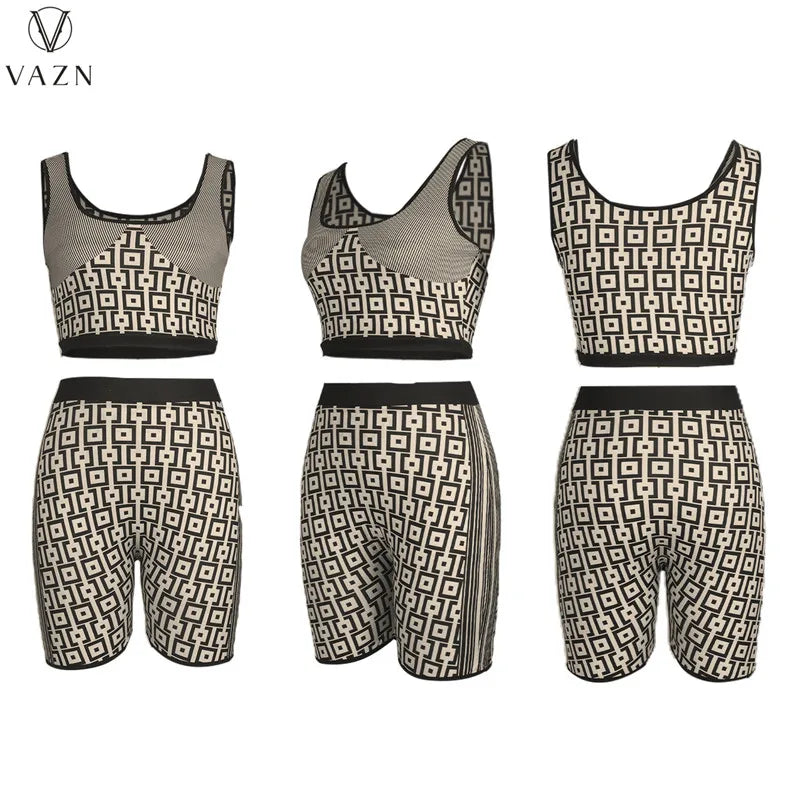 VAZN 2023 Street Girl Style Women Sets Sleeveless Round Neck Short Top Elastic Short Pants Lady Printed Lady 2 Piece Set