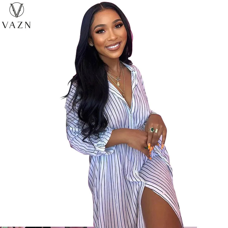 VAZN 2023  Top Quality Striped Casual Young Office Lady Chiffon Striped Full Sleeve Open Stitch Shirt Women Long Straight Dress