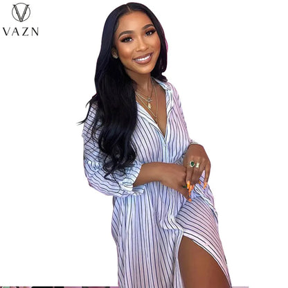 VAZN 2023  Top Quality Striped Casual Young Office Lady Chiffon Striped Full Sleeve Open Stitch Shirt Women Long Straight Dress